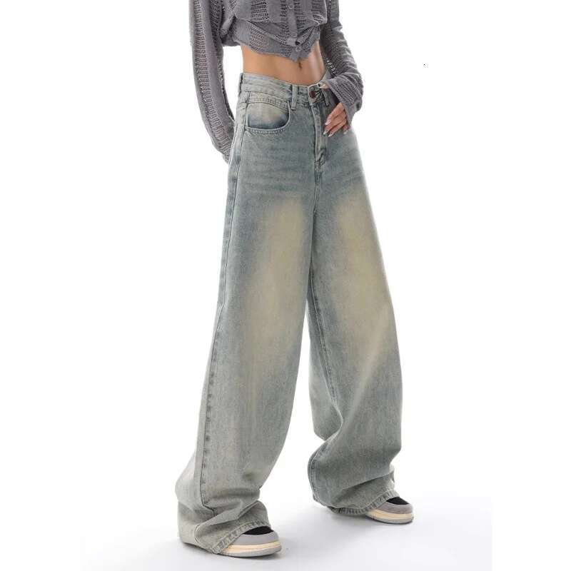 Y2k Blue Jeans For Women Quality High Waist American Street Wide Leg Pants Hip Hop Vintage Straight 2025 Autumn Trousers