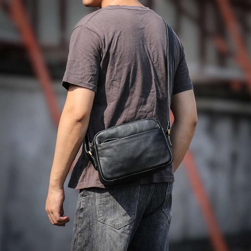 LUOKIR Men's Genuine Leather Crossbody Casual Shoulder Bag Simple First Layer Cowhide Small Bags For 8 Inch Ipad