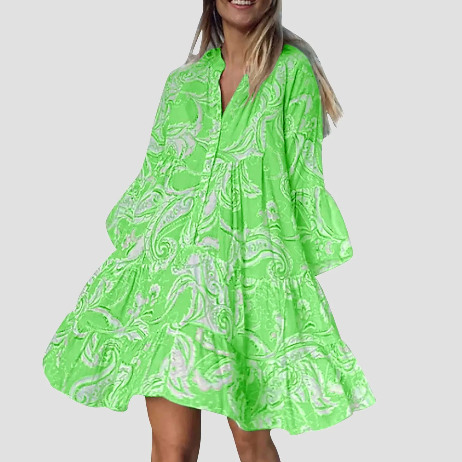 Fashion Summer Dresses Womens Summer Casual V Neck 3/4 Sleeve Boho Print Beach Dress Flowy Swing Vacation Womens Dresses 250213