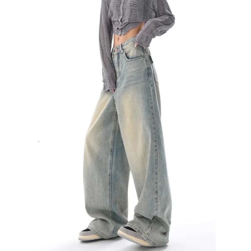 Y2k Blue Jeans For Women Quality High Waist American Street Wide Leg Pants Hip Hop Vintage Straight 2025 Autumn Trousers