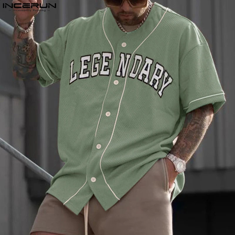 INCERUN Tops American Style Fashion Men Letter Pattern Printed Shirt Casual Streetwear Male Collarless Short Sleeved Blouse 250213