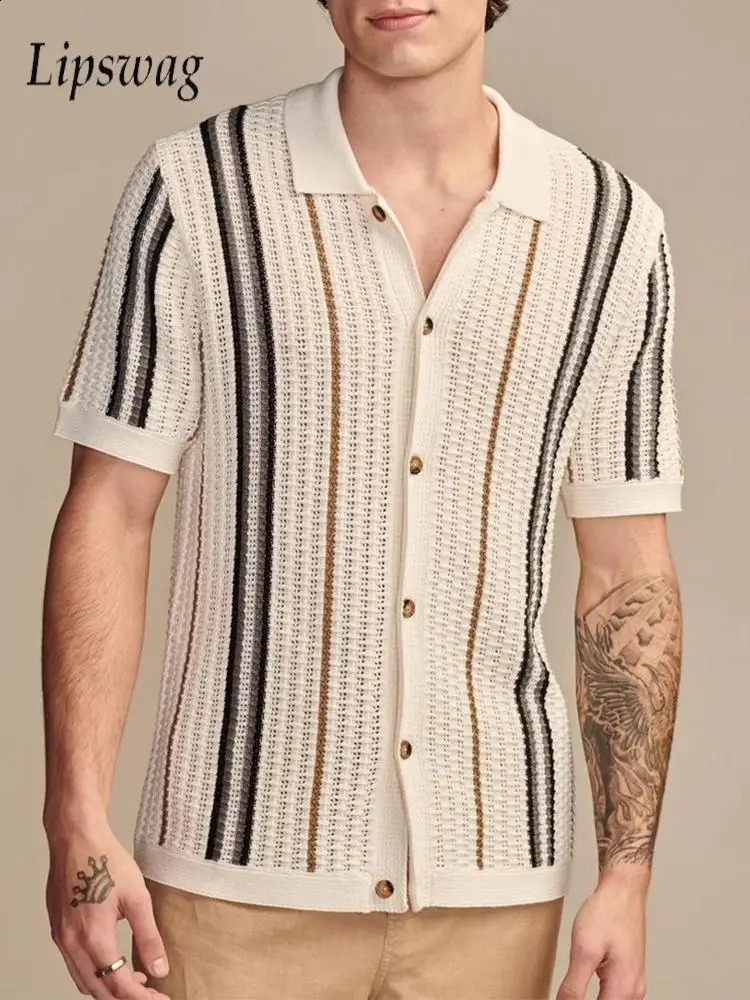 Mens Knitted Shirts Summer Breathable Slim Fit Short Sleeve Knit Casual Shirt Men Vintage Striped Crochet Knitting Shirt 250213