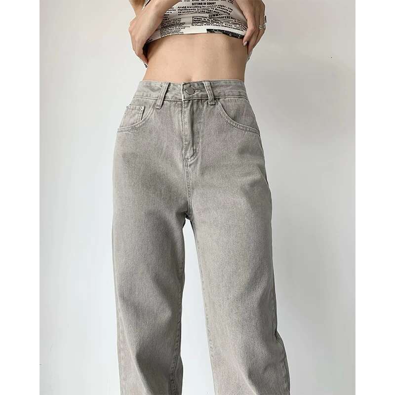 Grey Womens Jeans High Waist Vintage Straight Baggy Pants Streetwear American Style Fashion Casual Wide Leg Denim Trouser