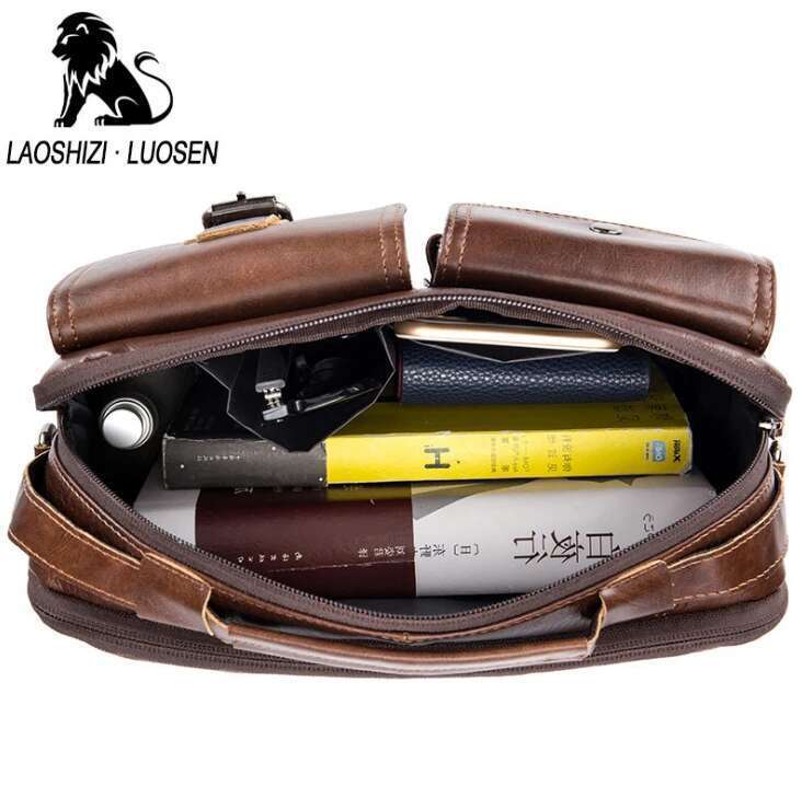 LAOSHIZI LUOSEN Men Genuine Leather Shoulder Men's Handbag Vintage Crossbody Tote Business Man Messenger Bag