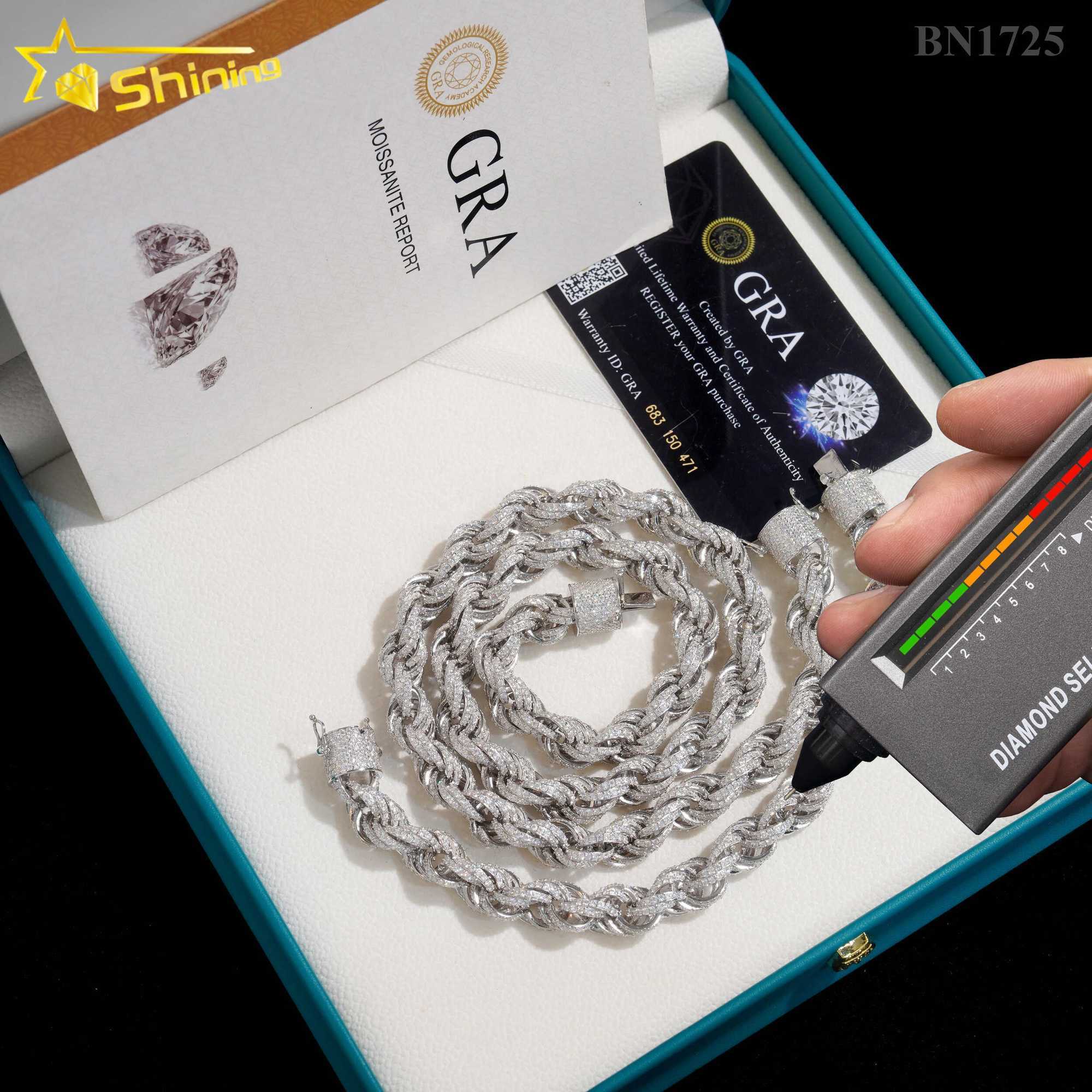 Fine Jewelry Hot Selling 10MM Diamond Cut 925 Silver Hip Hop Necklace Iced Out Moissanite Rope Chain