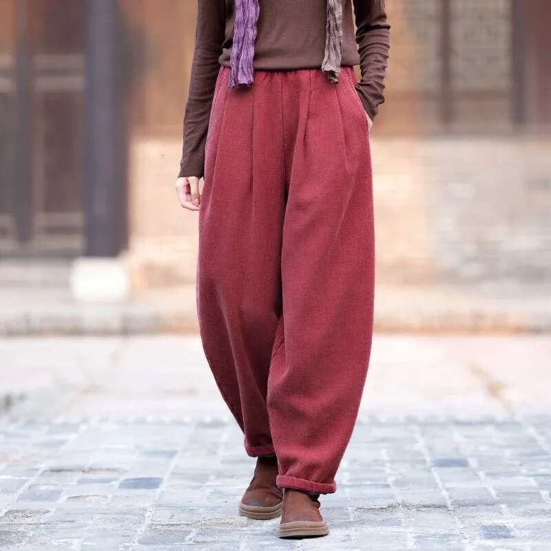 Vintage Warm Bloomers Solid Color En Winter Elastic Waist Trouser 2024 New Plus Fleece Women Long Pants