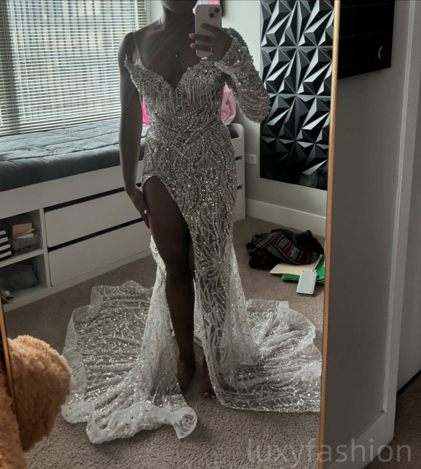 Aso Ebi 2025 Ivory Mermaid Prom Dresses Crystals One Shoulder Sequined Lace Evening Formal Party Second Reception Birthday Gowns Dress For Special Occ