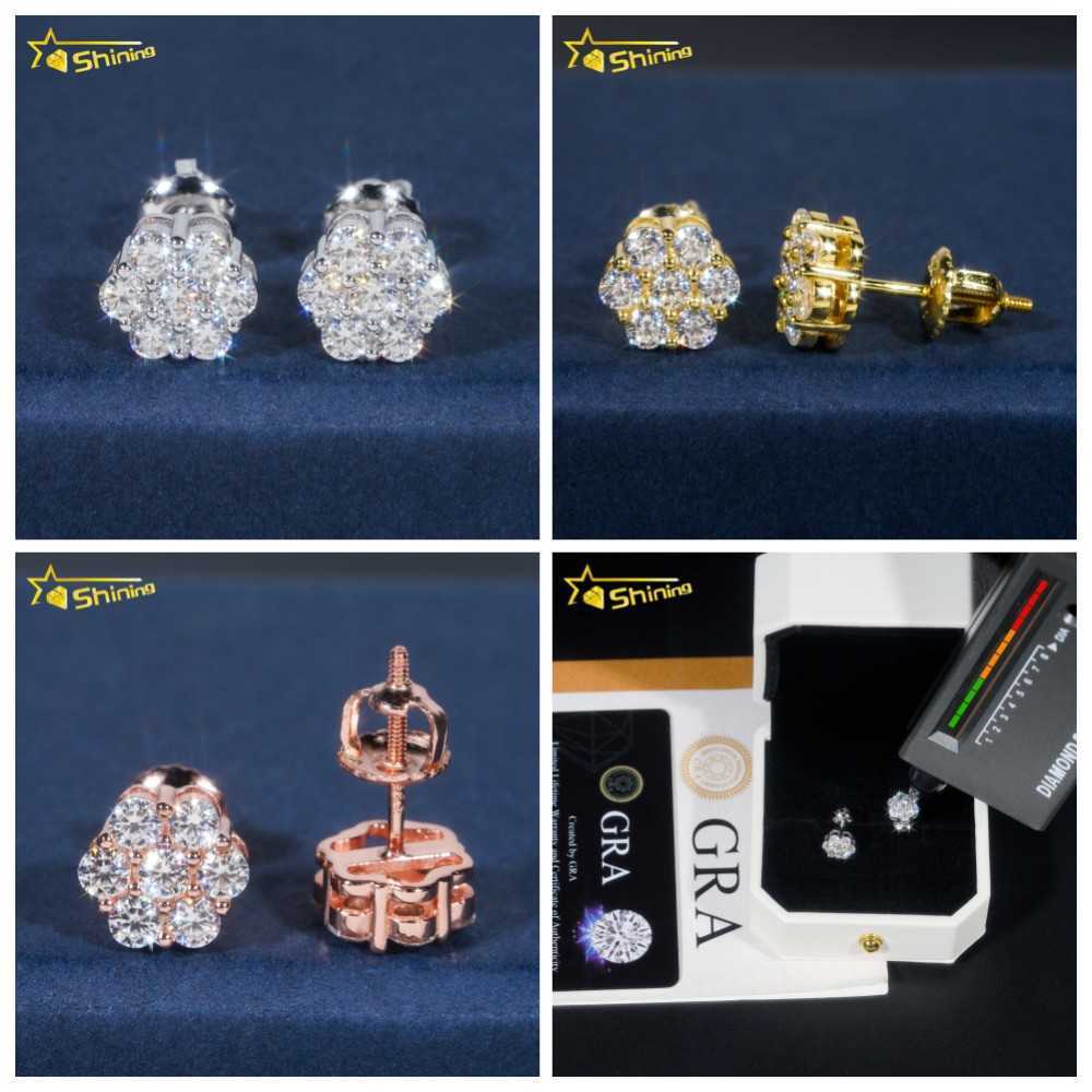 Hot Sale Trendy Cluster Flower Screw Back Stud Earrings 925 Silver Gold Plated Moissanite Pass Diamond Test Stud Earring