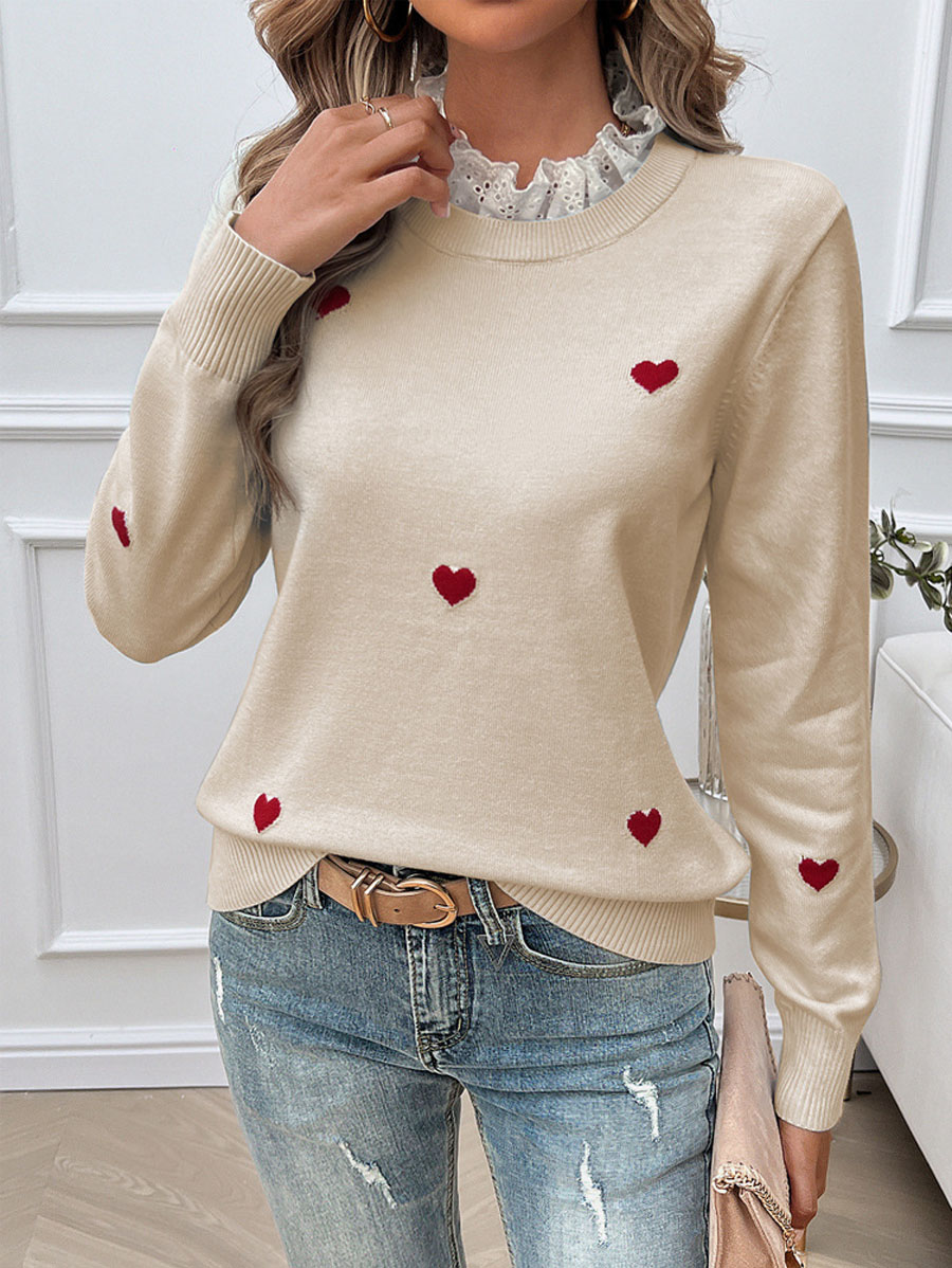 2025 autumn and winter women's casual round neck embroidered heart long sleeved sweater top