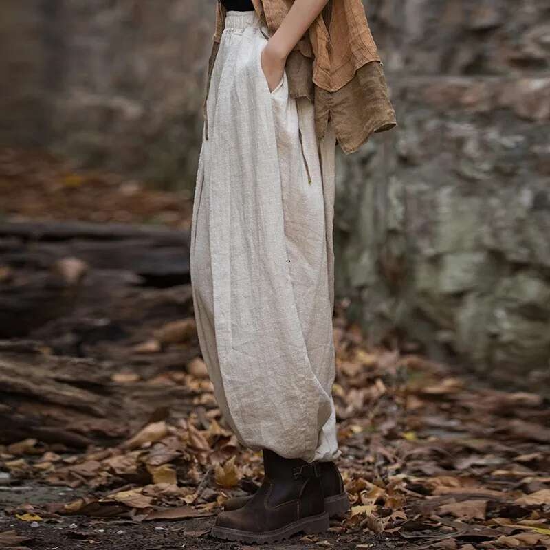 Women Chinese Style Bloomers Elastic Waist Autumn En Trouser 2024 New Solid Color Patchwork Pockets Pants