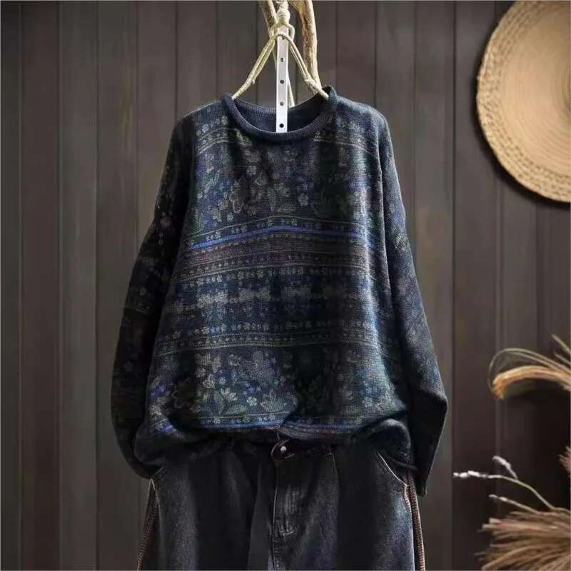 2025 Woman Autumn New Niche Vintage O-Neck Casual Loose Retro Chinese Style Long Sleeves Print Sweater