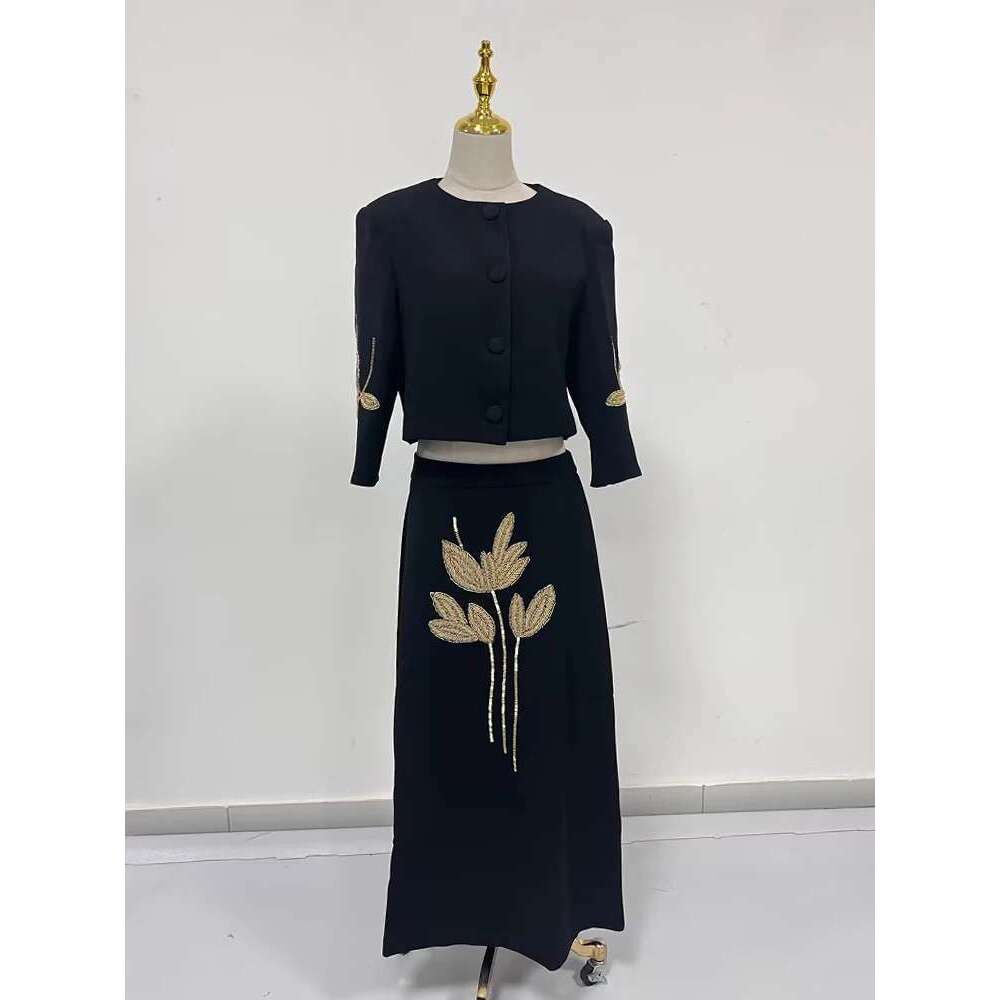 Colorblock Chic Two Piece Sets For Women O Neck Half Sleeve Coat High Waist Skirt Elegant Set Female Fashion Style