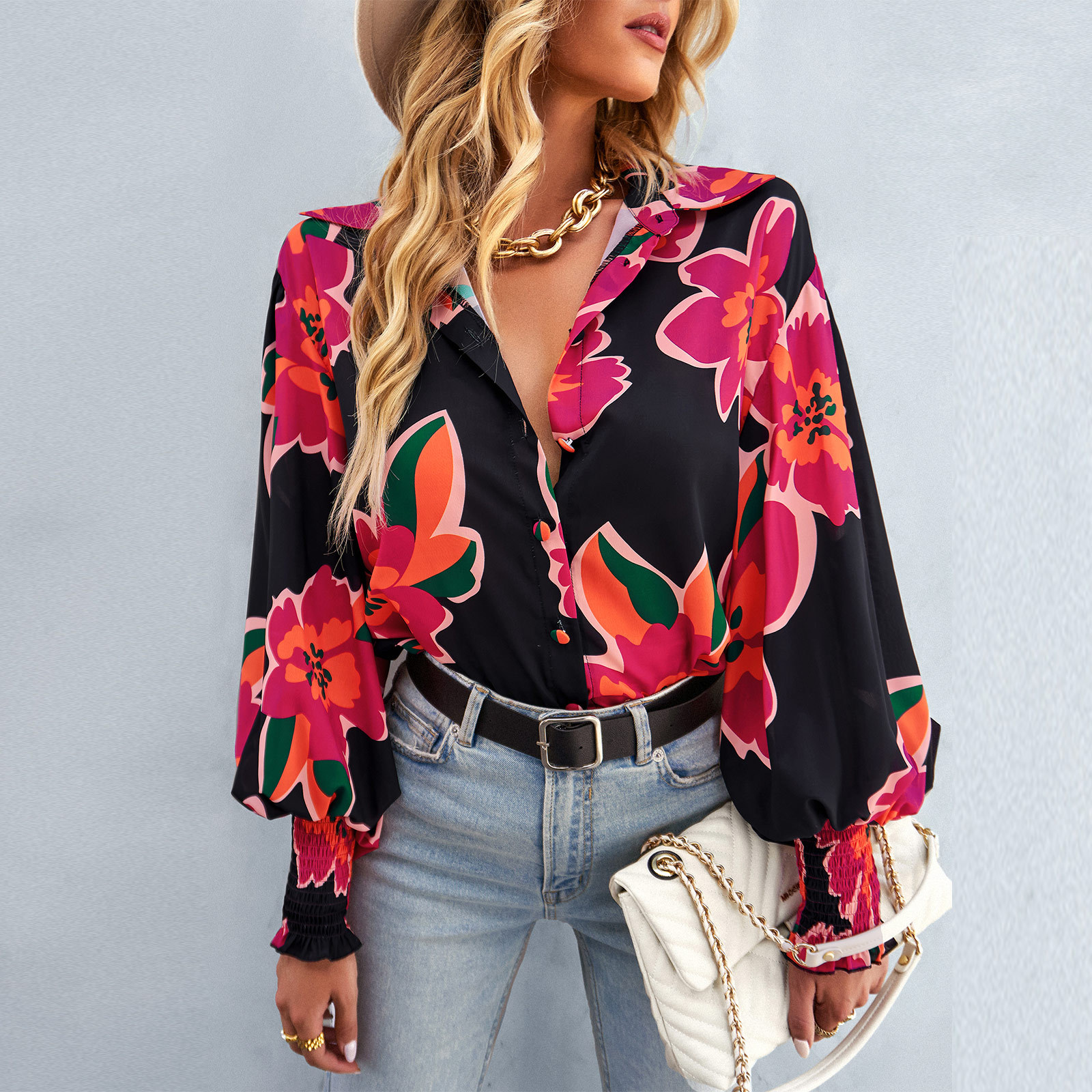 2024 Spring and Autumn Women's Contrast Printed Shirt Long Sleeve Loose Polo Collar Versatile Top