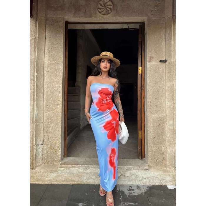 Women's European American Ins sexy slim fit printed strapless slit bag hip long dress factory wholesale 2025 new style chic and elegant clothing