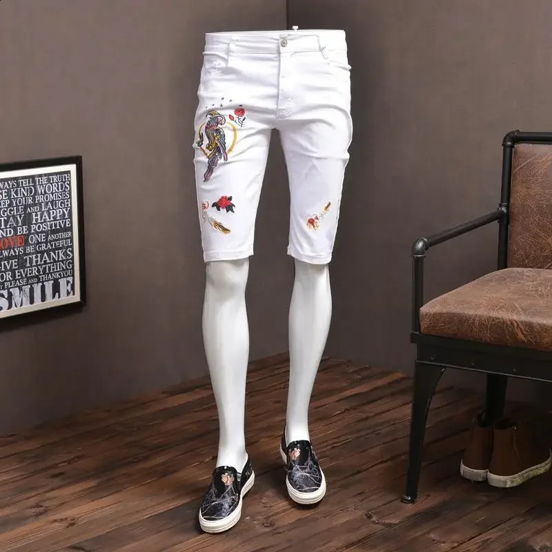 Short Jeans Pants for Men Bermuda Multi Color Embroidery Long Mens Denim Shorts Half Stretchable White Zipper Y2k Fashion Thin Xl 250210