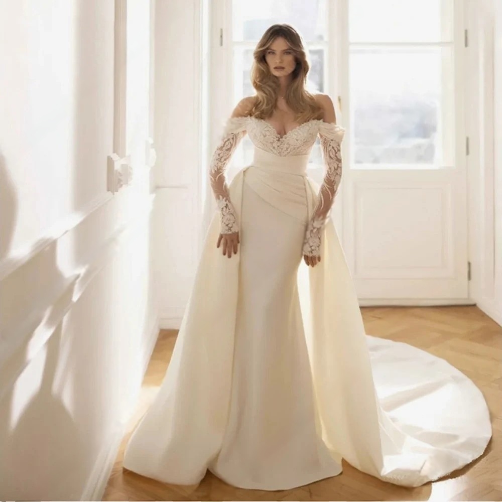 Long Sleeves Ivory Mermaid Wedding Dresses Empire Waist Lace Long Sleeves Off The Shoulder Elegant Bridal Gown With Detachable Train 2025 Vestido De N