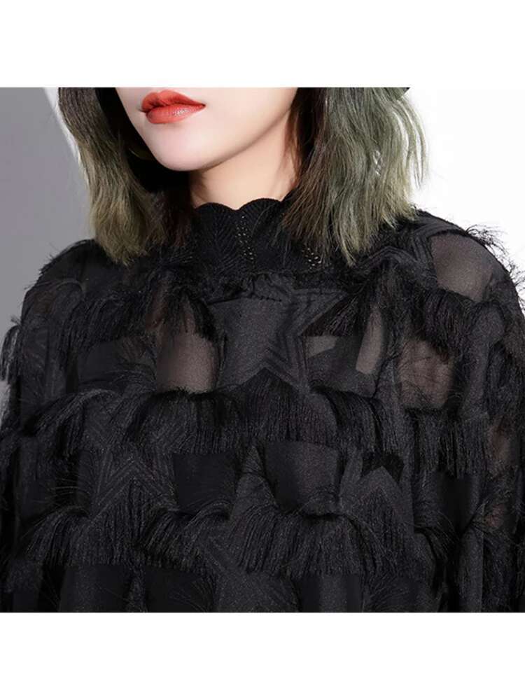 Black Perspective Split Joint Dress Women New Round Neck Long Sleeve Loose Fit Fashion Tide Spring Autumn 2025 Ji78001