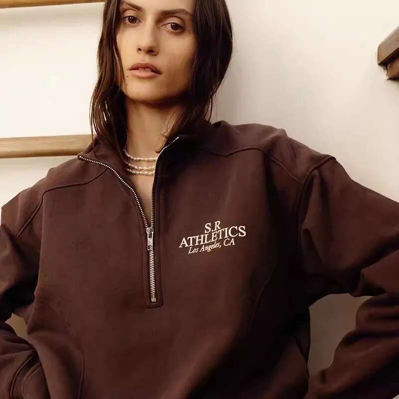 army green women Pull-on styg graphic print zipper front sweatshirt female long sleeve autumn winter tops