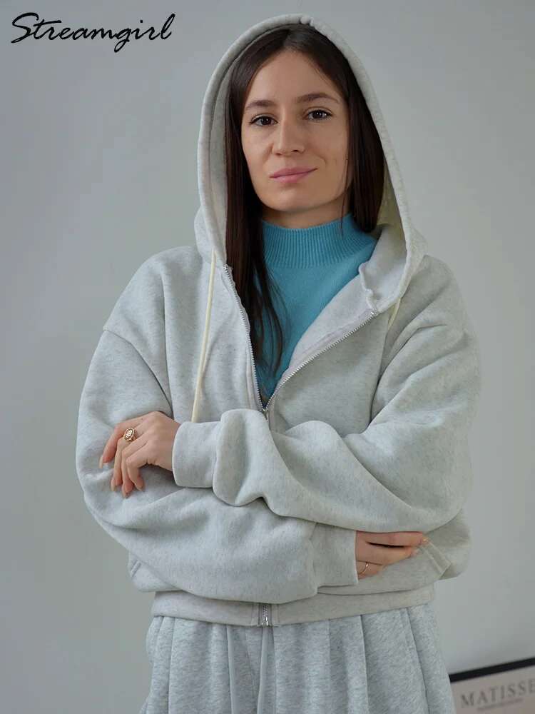 Streamgirl Short Zipper Oversized Jackets 2024 Spring Gray Sweatshirts With Hood Cotton Women Korean Hoodies Tops
