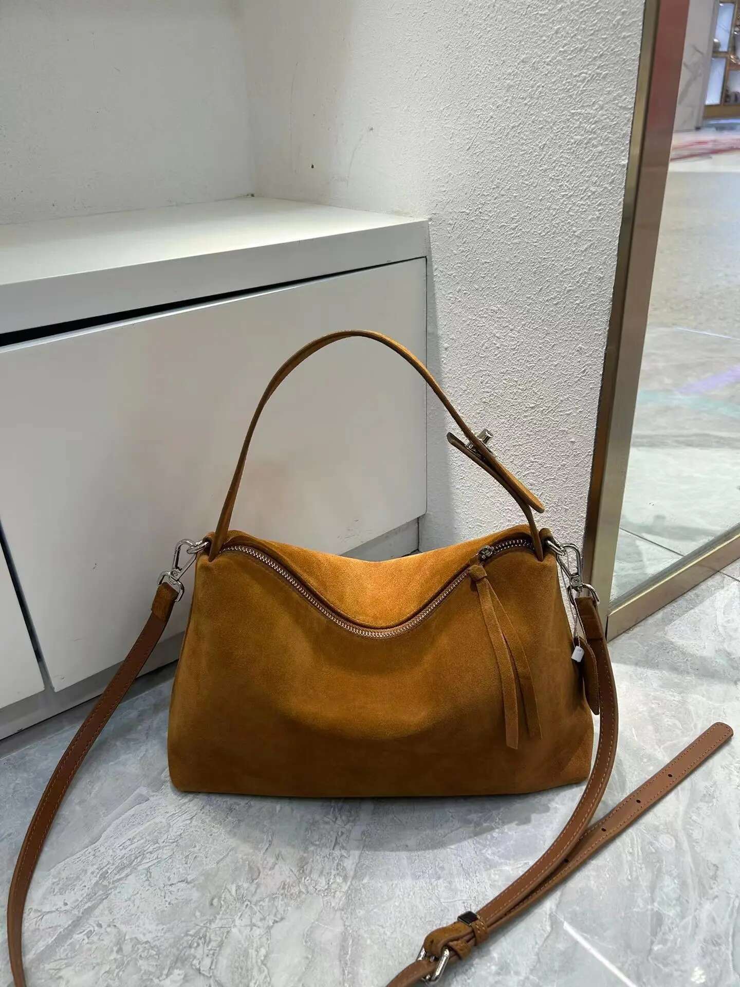 Fashion Autumn Winter Big Boston Tote Soft Matte Suede Cow Leather Women's Handbag Shoulder Crossbody Bag For Women Grey Brown Suede Cartoon BagV