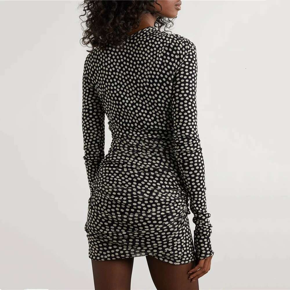 2025 Spring And Summer New Women's Dress Y2k High Quality Mesh Yarn Polka Dot Pleated Slim Peplum Round Neck Long Sleeve Dresses