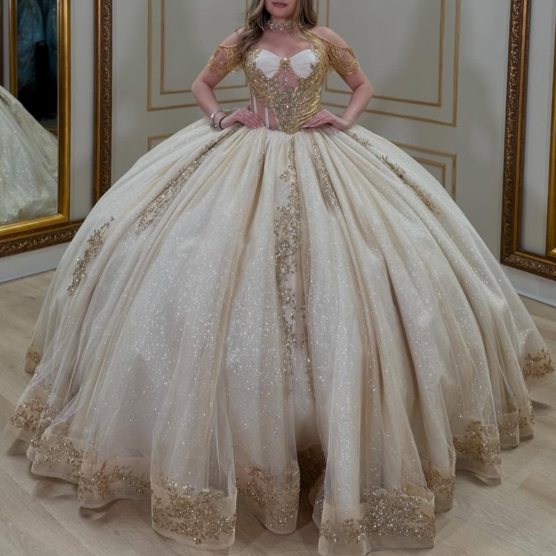 Beige Shiny Quinceanera Dresses Ball Gown Off The Shoulder Applique Lace Beading Crystal Tull Party Birthday Sweet 16 Dress Vestidos 15 Anos