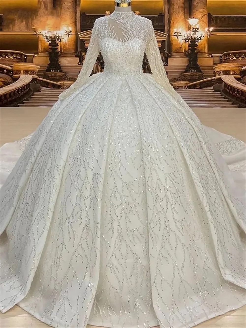 A-Line Wedding Dress High Neck Beads Sequins Long Sleeve Bride Dresses Arabic Bridal Gown Custom Made