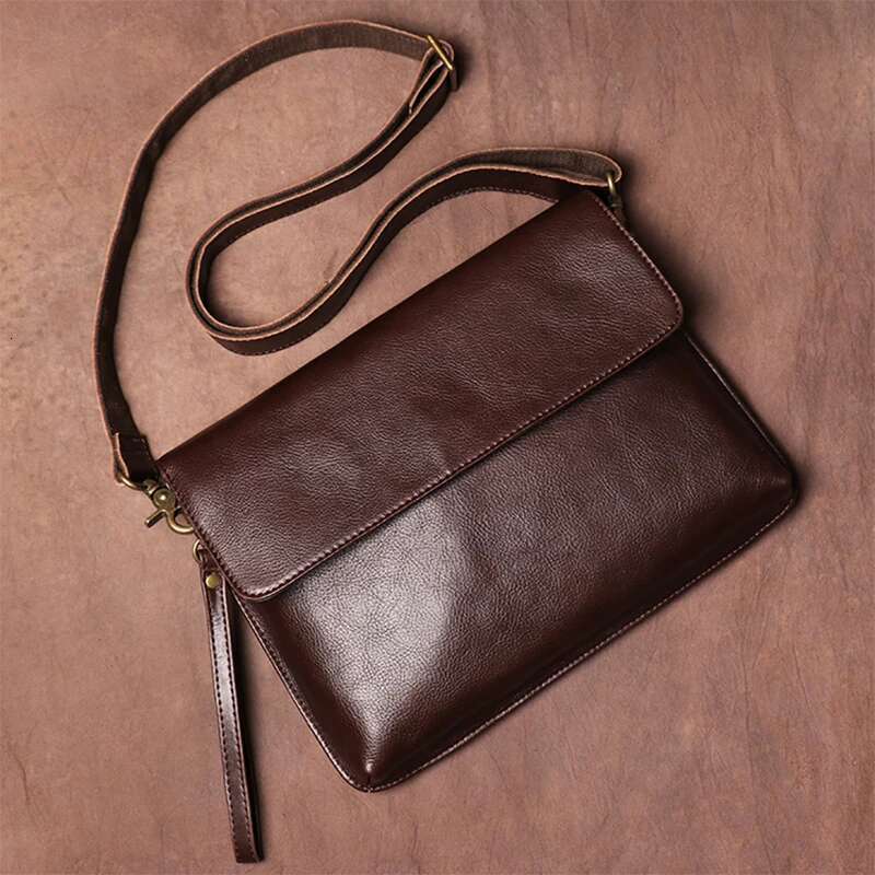 LUOKIR Vintage Genuine Leather Crossbody Men's Fashion Simple Shoulder Messenger Bags Casual Flap Cowhide Clutch Bag