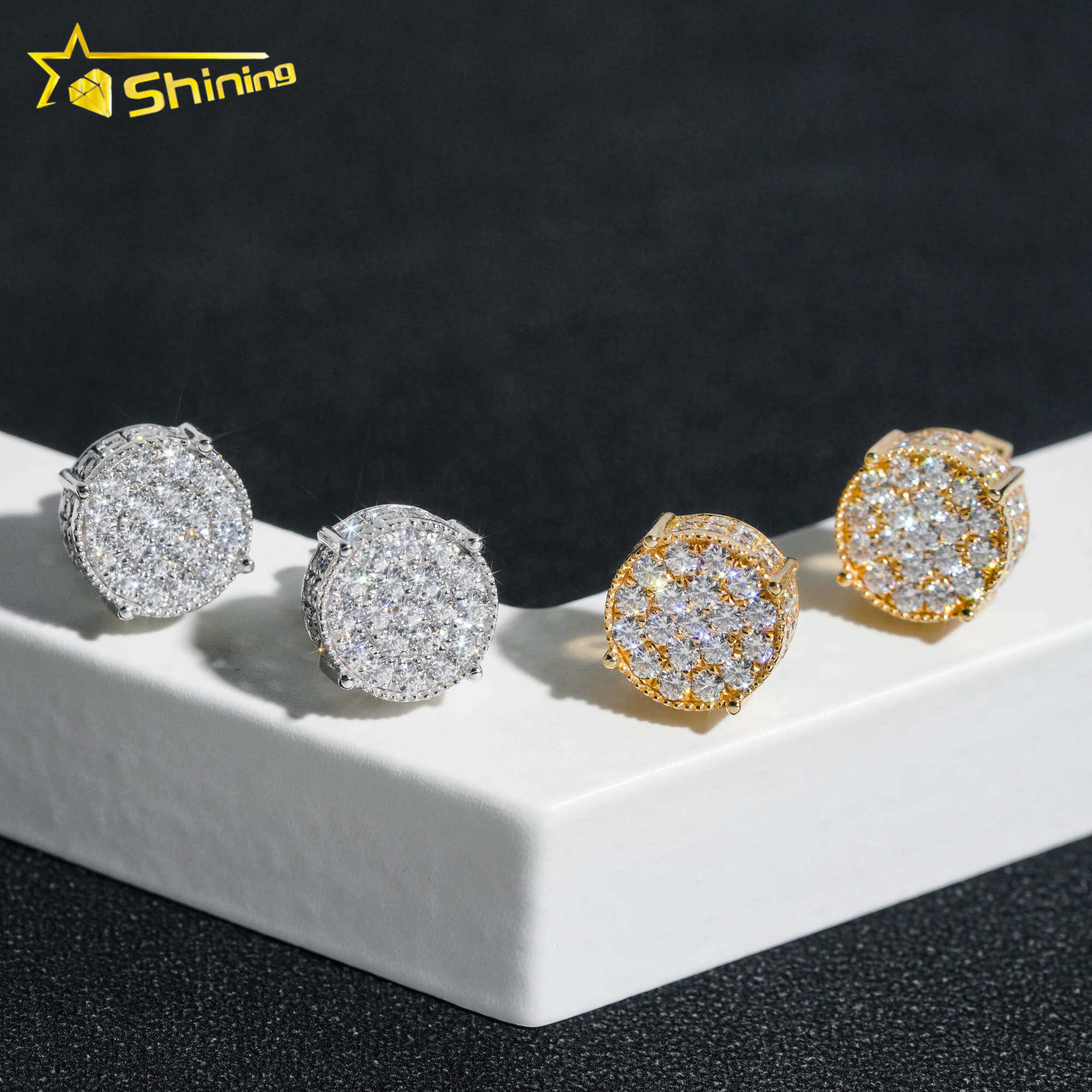Luxury 10K Solid Gold Earrings 10mm Cluster Moissanite Diamond Ear Studs for Men and Women