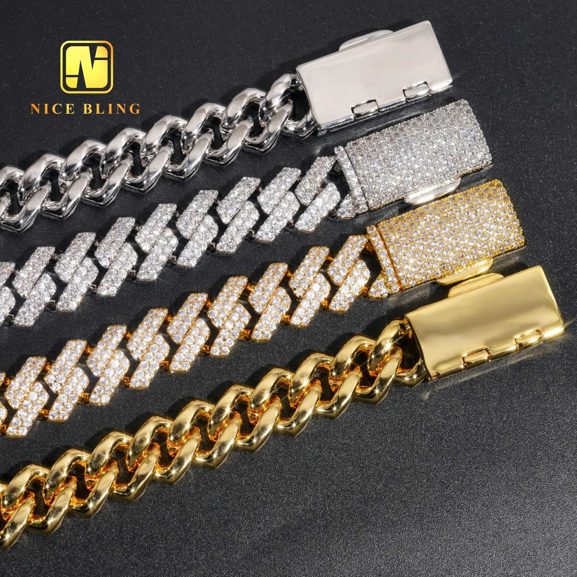 13mm Iced Out Cuban Link Chains 2 Rows Prong Setting Wholesale Brass Cuban Necklaces Hip Hop Rappers Cubic Zirconia Necklace