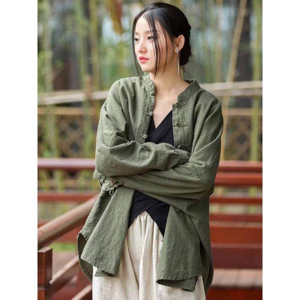 Johnature Women Chinese Style En And Tops Stand Long Sleeve Blouses 2024 Spring New Solid Color Button Vintage Shirts