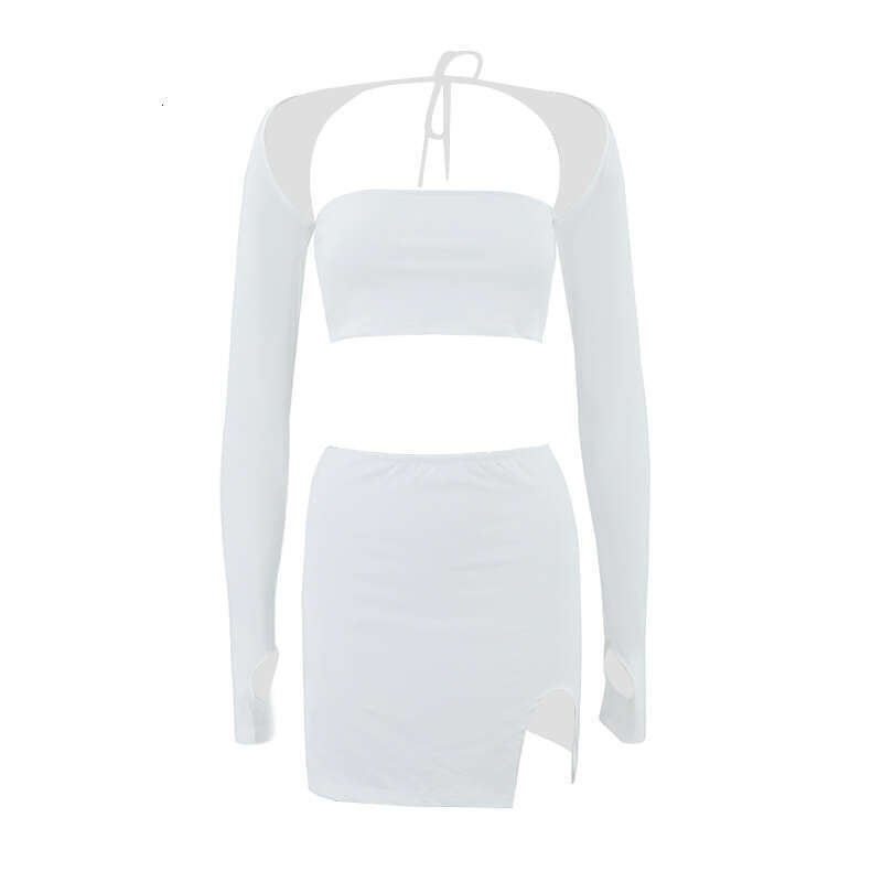 European American autumn and winter style wrapped chest long sleeved tied T-shirt top split half skirt set wholesale women's 2025 temperament ver