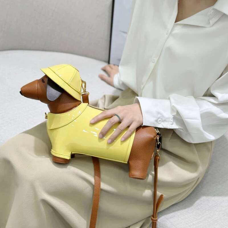 Brand Cute Dahund Genuine Leather Yellow Hat Brown Puppy New Origina Shoulder Crossbody High-End Creative Lady Bag