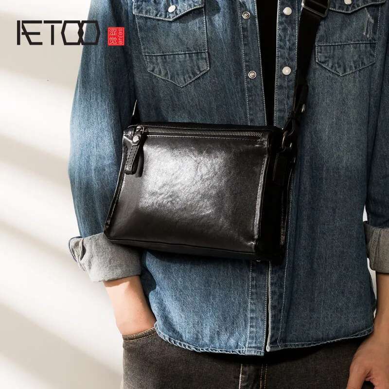 AETOO Genuine Leather Men's Messenger Fashionable Simple Shoulder Bag, First Layer Cowhide Casual Mobile Phone Bag