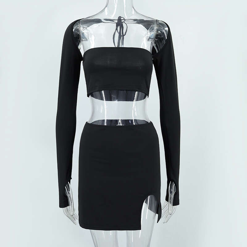 European American autumn and winter style wrapped chest long sleeved tied T-shirt top split half skirt set wholesale women's 2025 temperament ver