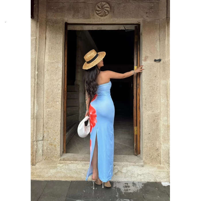 Women's European American Ins sexy slim fit printed strapless slit bag hip long dress factory wholesale 2025 new style chic and elegant clothing