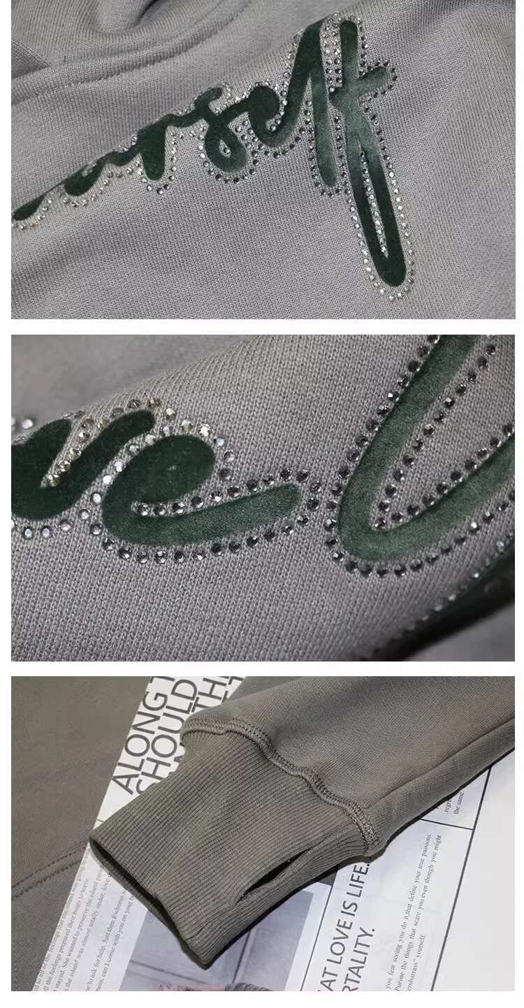 100% cotton gray Hoodie women Embroidered letter long sleeve pockets hooded sweatshirt female 2024 Fall Collection