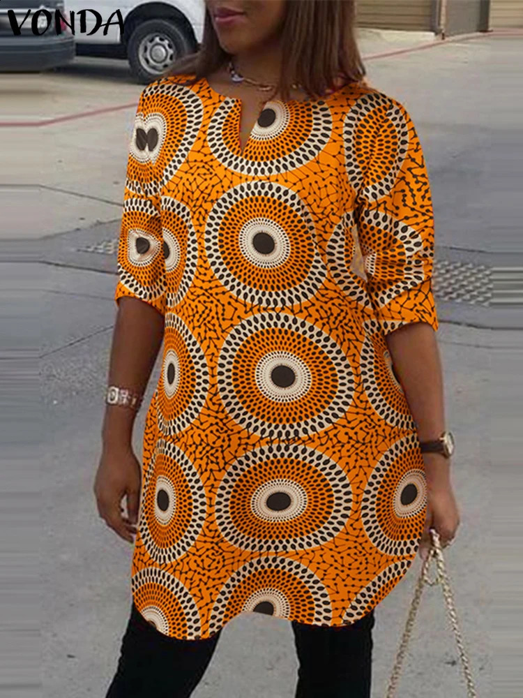 Plus Size 5XL VONDA Women Blouse V-Neck Vintage Printed Shirts Elegant 3/4 Sleeve Casual Loose Tops Oversized Blouses 250210