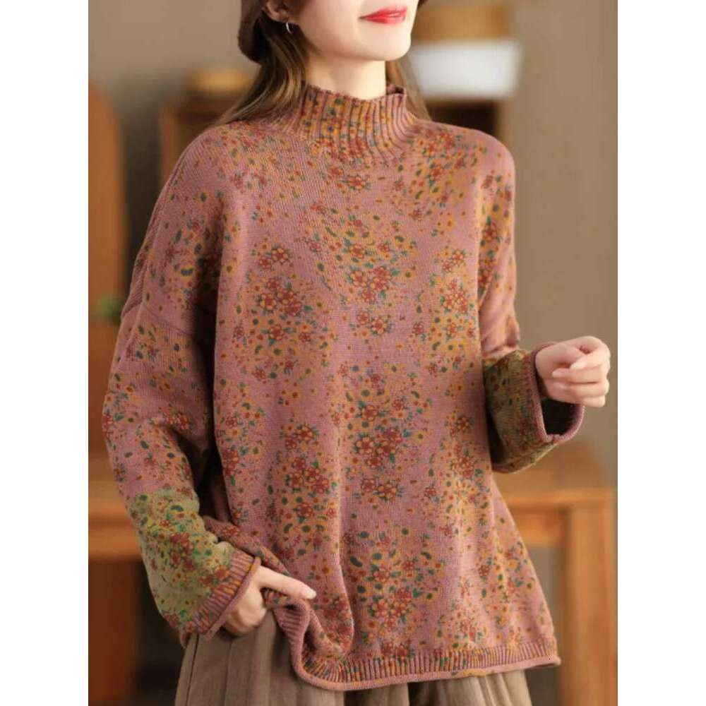 Pullover Mock Neck Long Sleeve Patchwork Print Ral 2024 Spring New Knitted Cotton Women Sweaters