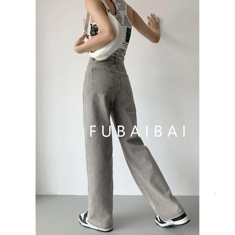 Grey Womens Jeans High Waist Vintage Straight Baggy Pants Streetwear American Style Fashion Casual Wide Leg Denim Trouser