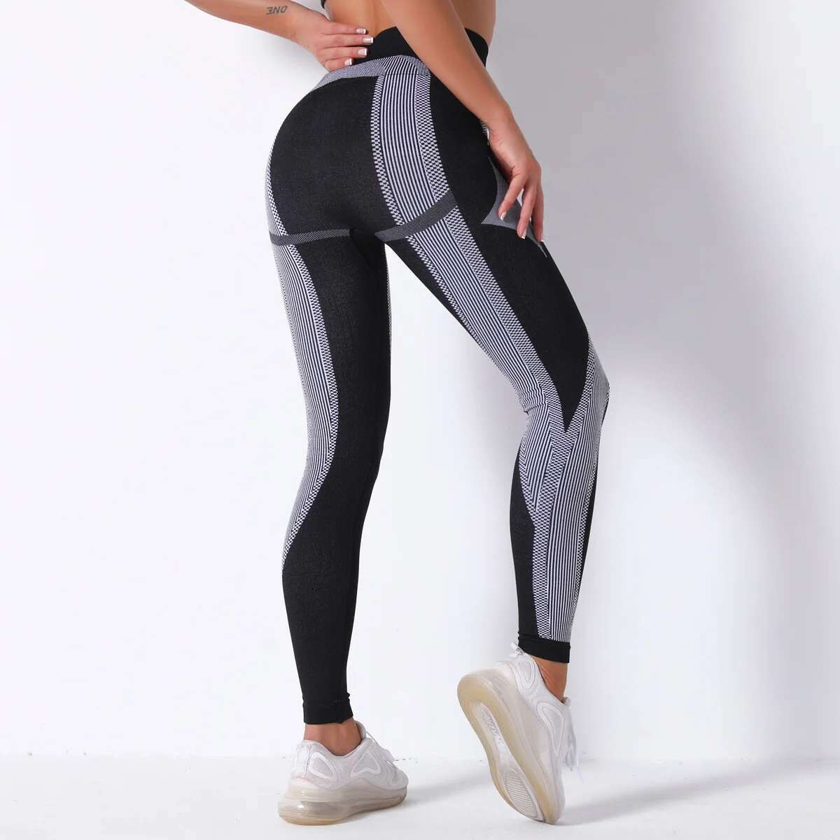 Rooftrellen 15%Spandex High Waist Women Seamless Fiess Striped Running Leggings Push Up Stretch Sports Pants