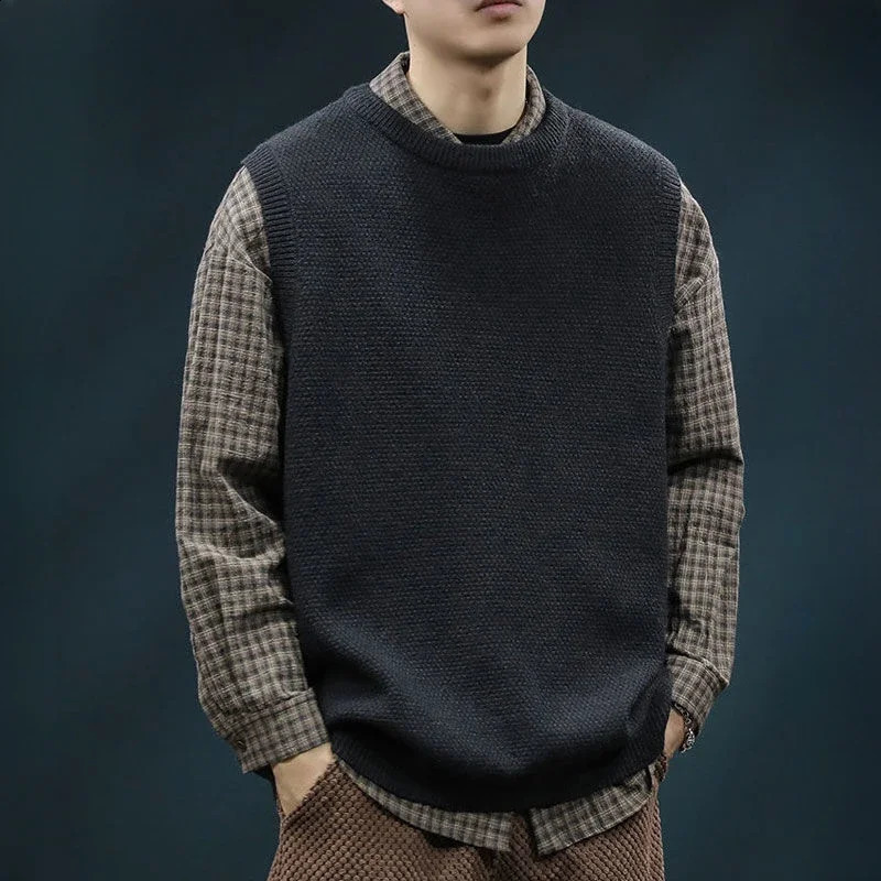 Mens knitted vest black waistcoat wool warm and thick er streetwear sweater Korean clothing review fashion Y2K 250210