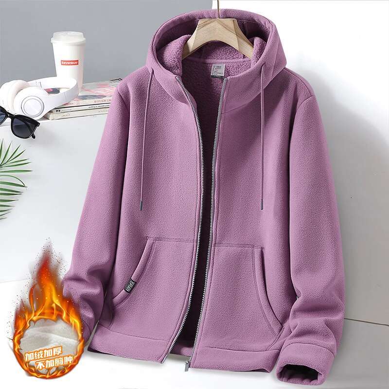 Men's Winter Fleece Fashionable Plush Thick Hooded Drawstring Zipper Pocket Solid Color Loose Commuting Comfortable Jacket Top