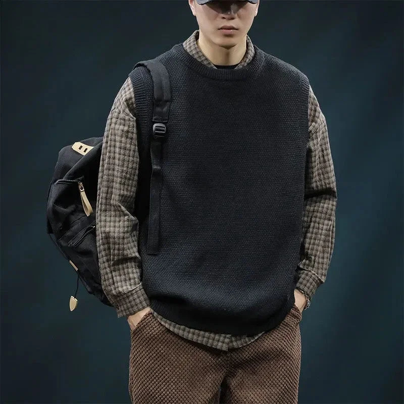 Mens knitted vest black waistcoat wool warm and thick er streetwear sweater Korean clothing review fashion Y2K 250210