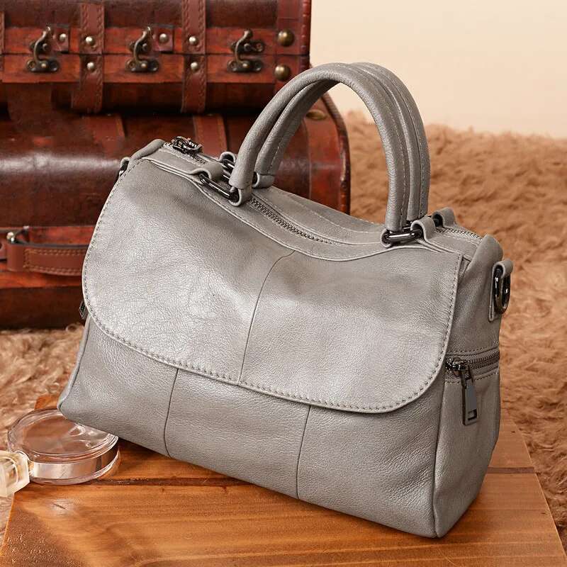Woman Genuine Leather Handbag Casual Tote Retro Shoulder Bag Female Cowhide Crossbody Messenger Bags Boston Style Hand Purse