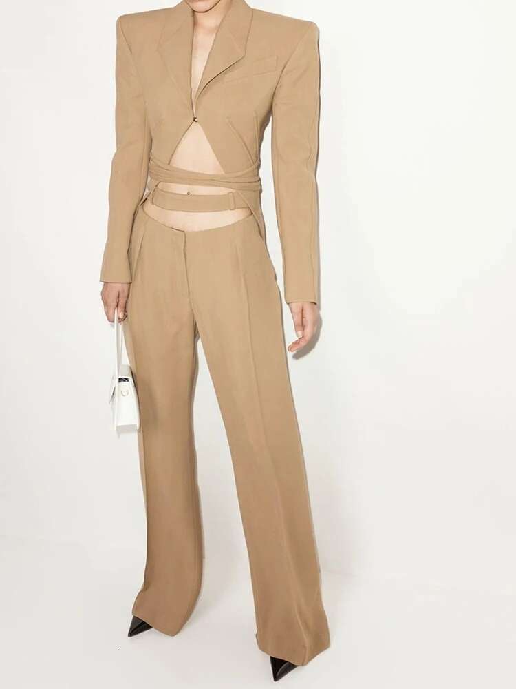 Khaki Bandage Blazer Wide Leg Pants Two Piece Suit New Lapel Long Sleeve Women Fashion Tide Spring Autumn 2025 1Dh4857