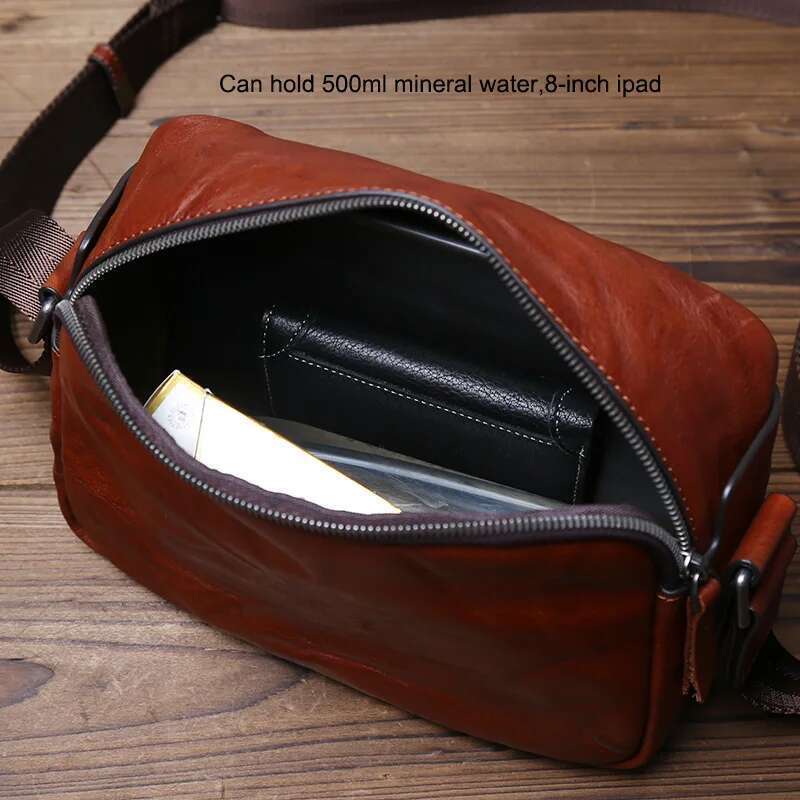 2024 New Men's Genuine Leather Small Square Horizontal Casual Vegetable Tanned Top Layer Cowhide Crossbody Bag JLFGPJ