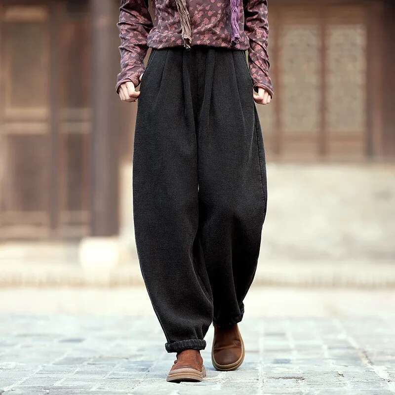 Vintage Warm Bloomers Solid Color En Winter Elastic Waist Trouser 2024 New Plus Fleece Women Long Pants