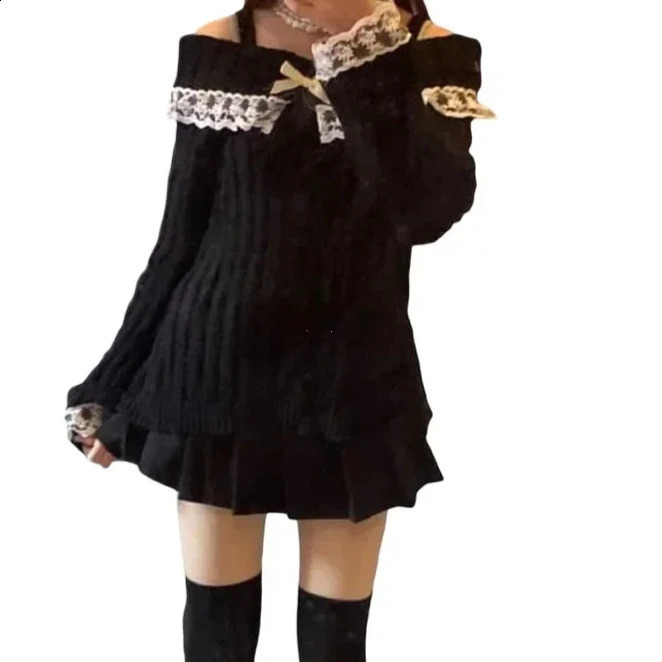 Womens Off Shoulder Knit Sweater Pink Pullover Sweet Pullovers Long Sleeve Bow Lace Patchwork Jumpers Y2k Streetwear 250210