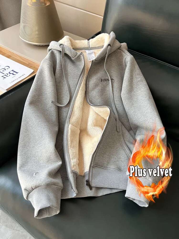 Hooded Sweater for Women 2024 Autumn and Winter New Fleece-ed Thick Loose Versatile Casual Zipper Cardigan Outerwear